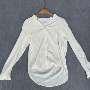 Sandro Paris Shirt Top Women 3 Cream Silk Ruffle Collar Long Sleeve Button Front
